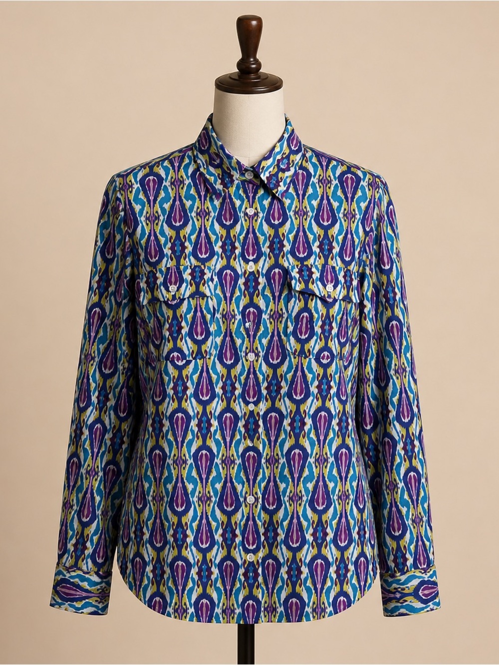 Vibrant Ikat Print Button-Up Blouse in Blue & Purple